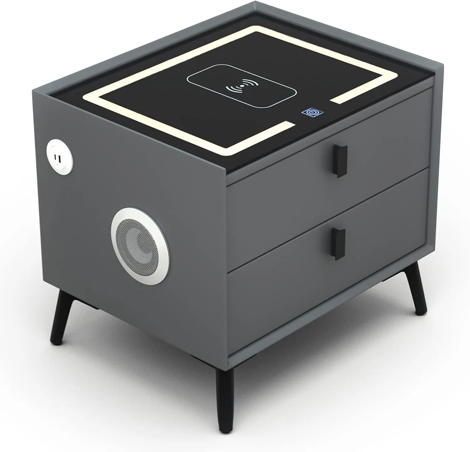 2-Drawers Nightstand with Wireless Charging, Fingerprint, Speaker and LED HA-61