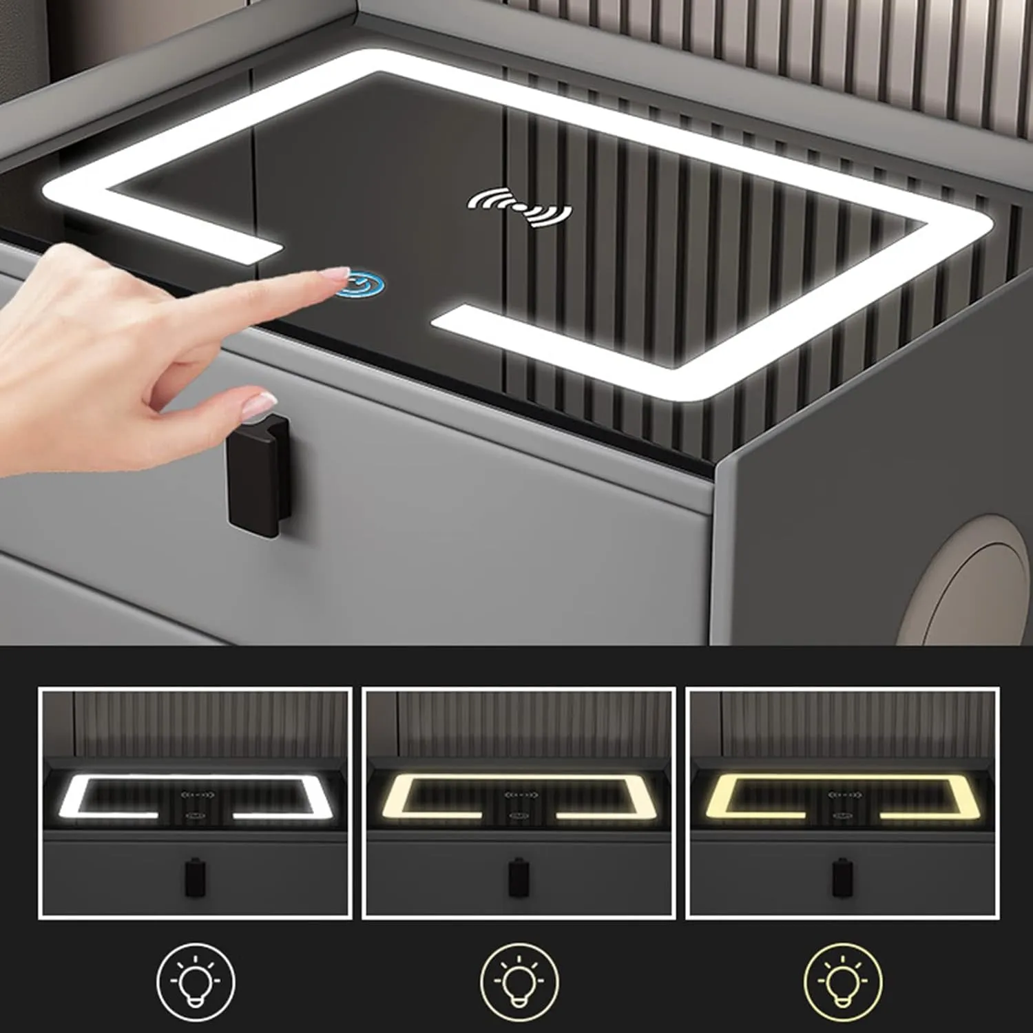 2-Drawers Nightstand with Wireless Charging, Fingerprint, Speaker and LED HA-61