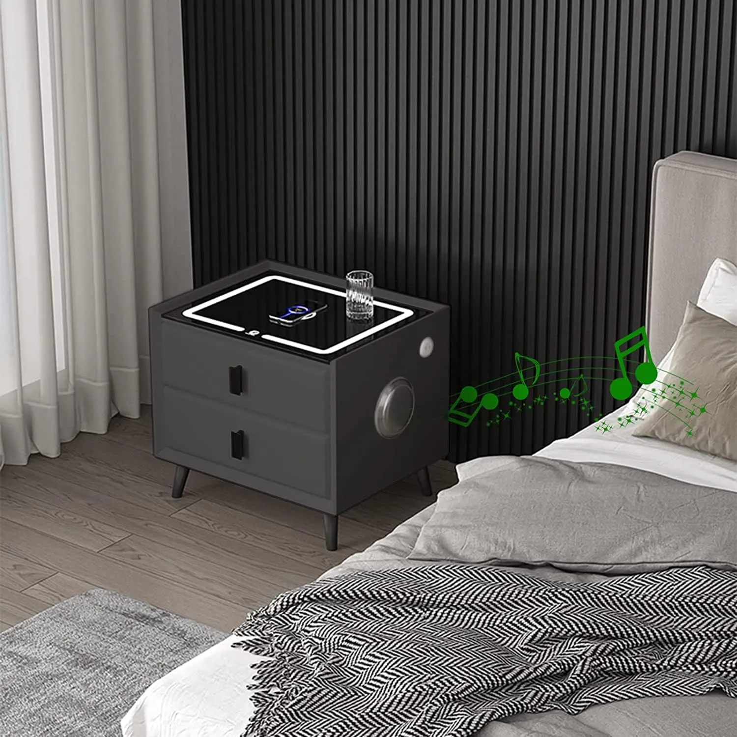 2-Drawers Nightstand with Wireless Charging, Fingerprint, Speaker and LED HA-61