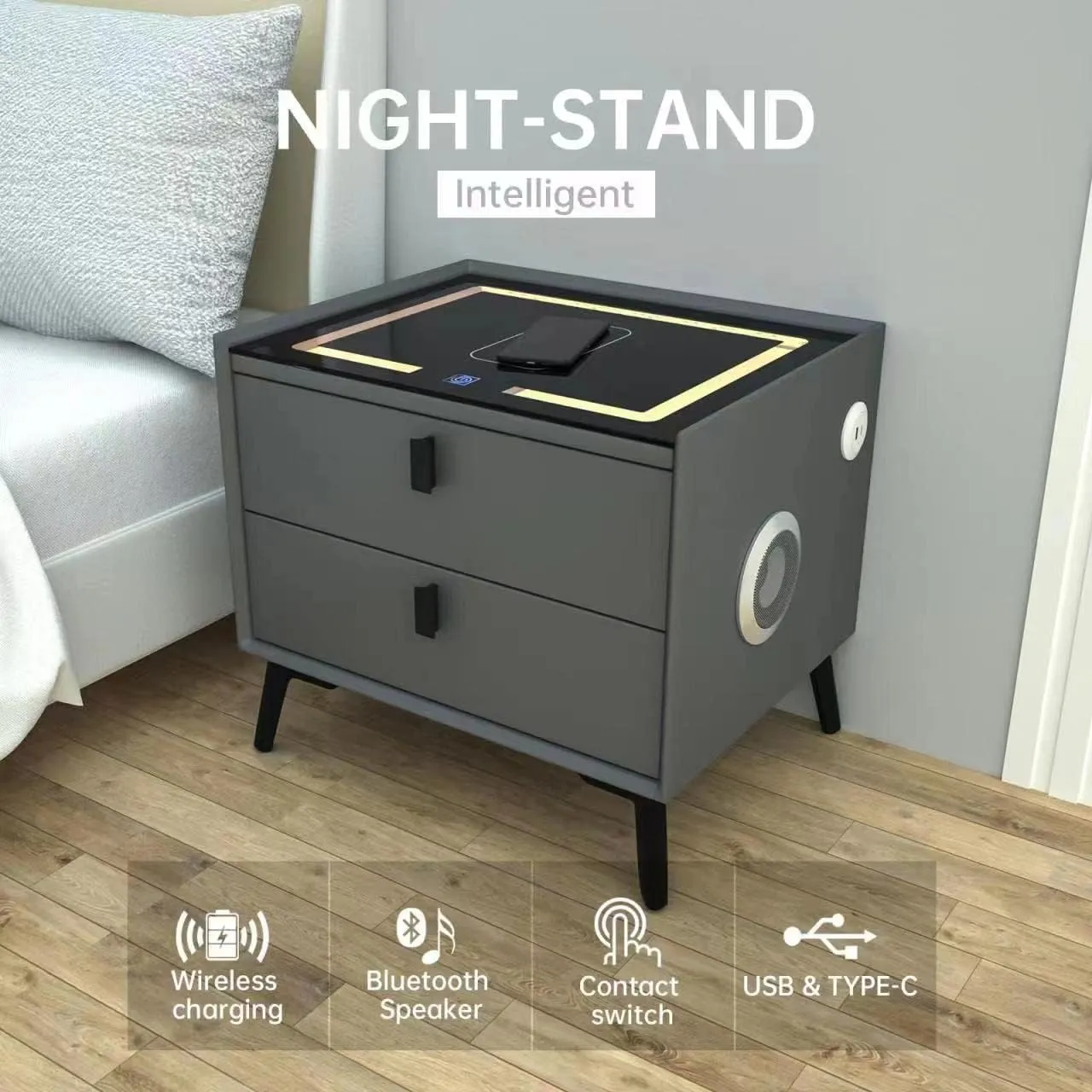 2-Drawers Nightstand with Wireless Charging, Fingerprint, Speaker and LED HA-61