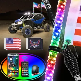 2Pcs 6FT Spiral Antenna W/ Spring Base Led Whip Light Bluetooth Remote App Control | 8.6FT Wire 5Pin Switch