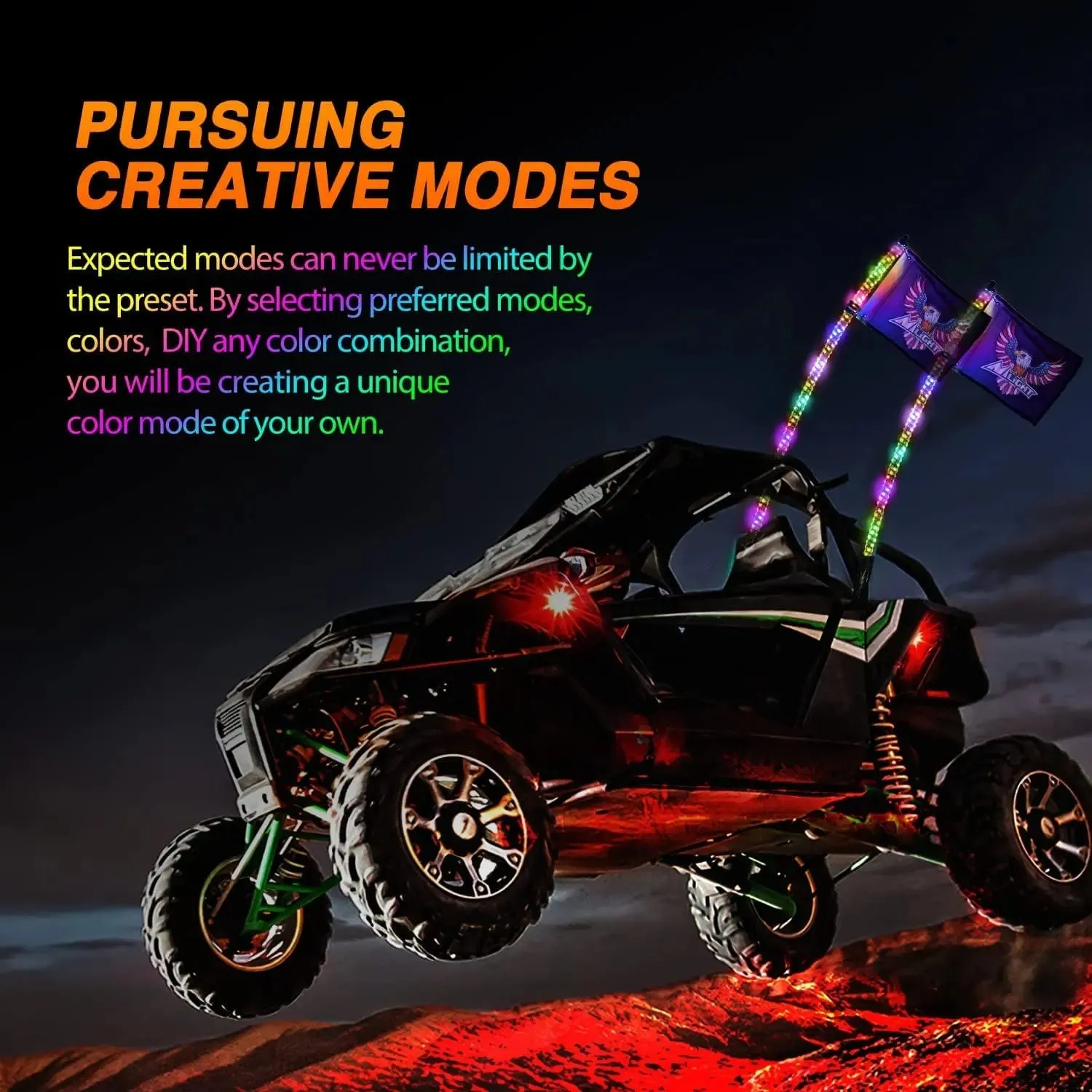 2Pcs 6FT Spiral Antenna W/ Spring Base Led Whip Light Bluetooth Remote App Control | 8.6FT Wire 5Pin Switch