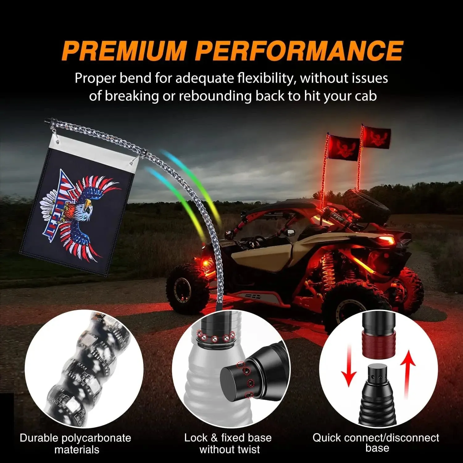 2Pcs 6FT Spiral Antenna W/ Spring Base Led Whip Light Bluetooth Remote App Control | 8.6FT Wire 5Pin Switch