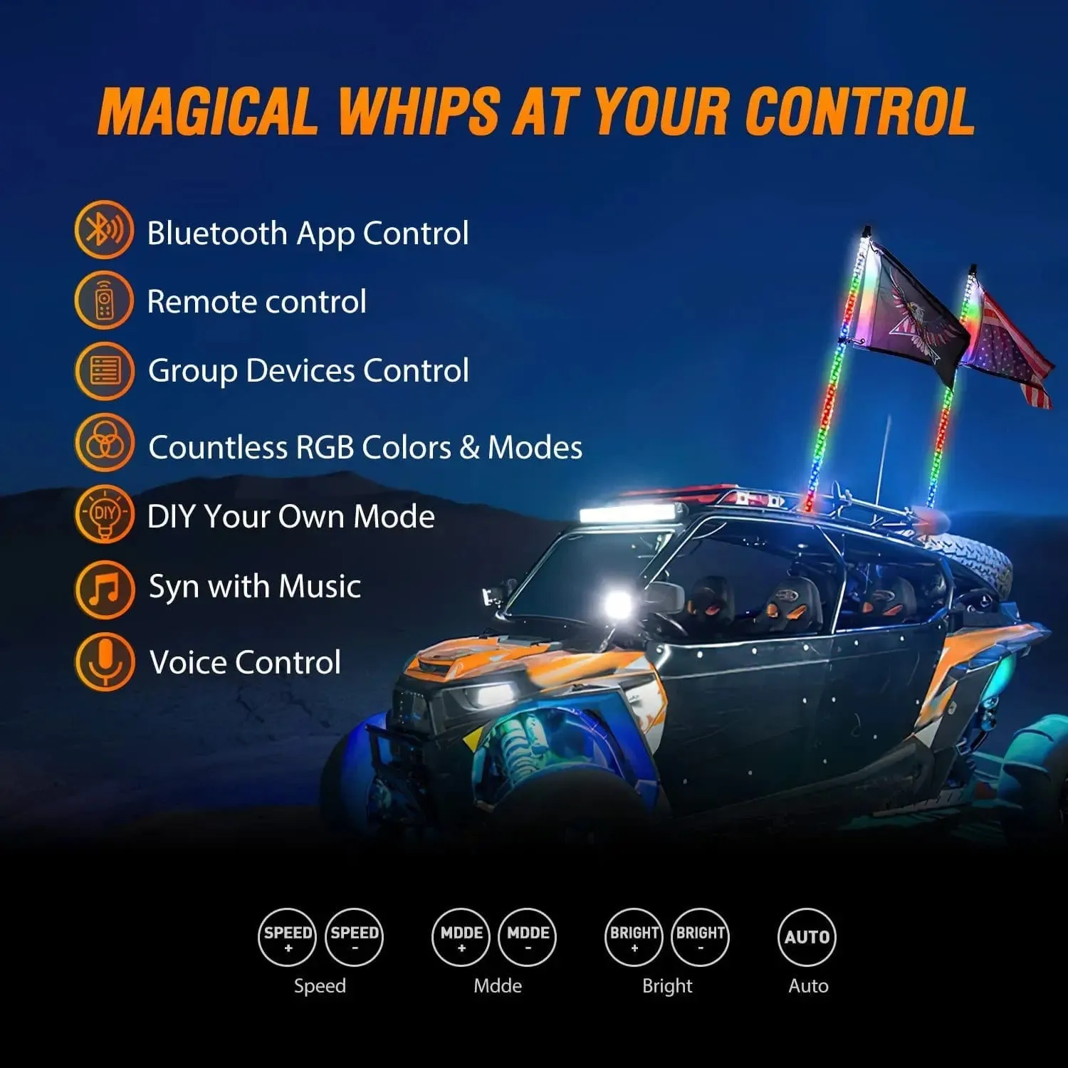 2Pcs 6FT Spiral Antenna W/ Spring Base Led Whip Light Bluetooth Remote App Control | 8.6FT Wire 5Pin Switch