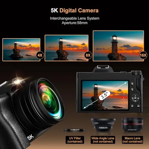 5K Digital Camera for Photography, WiFi Auto Focus Vlogging Video Camera for YouTube with 32GB SD Card, 6-axis Anti-Shake 3.5" Screen Fill Light 5K Camera with 58mm UV Filter, 16X Digital Zoom Camera
