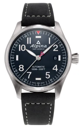 Alpina Startimer Pilot Automatic Stainless Steel Black Leather Strap Blue Dial Date Mens Watch AL-525NN3S6