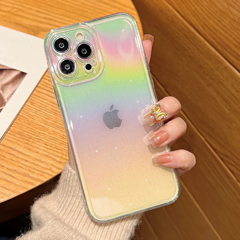 Anymob iPhone Black Rainbow Gradient Phone Case Transparent Glitter Silicon Shockproof Cover