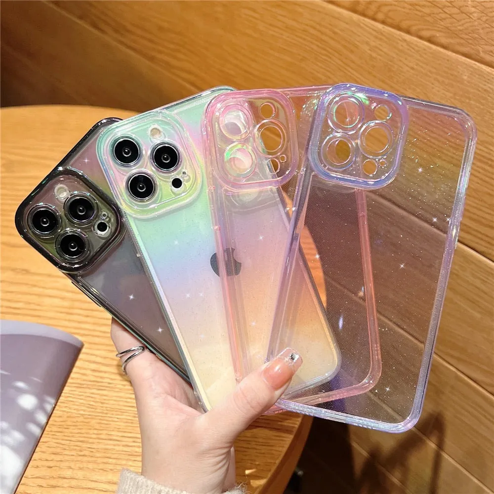 Anymob iPhone Black Rainbow Gradient Phone Case Transparent Glitter Silicon Shockproof Cover