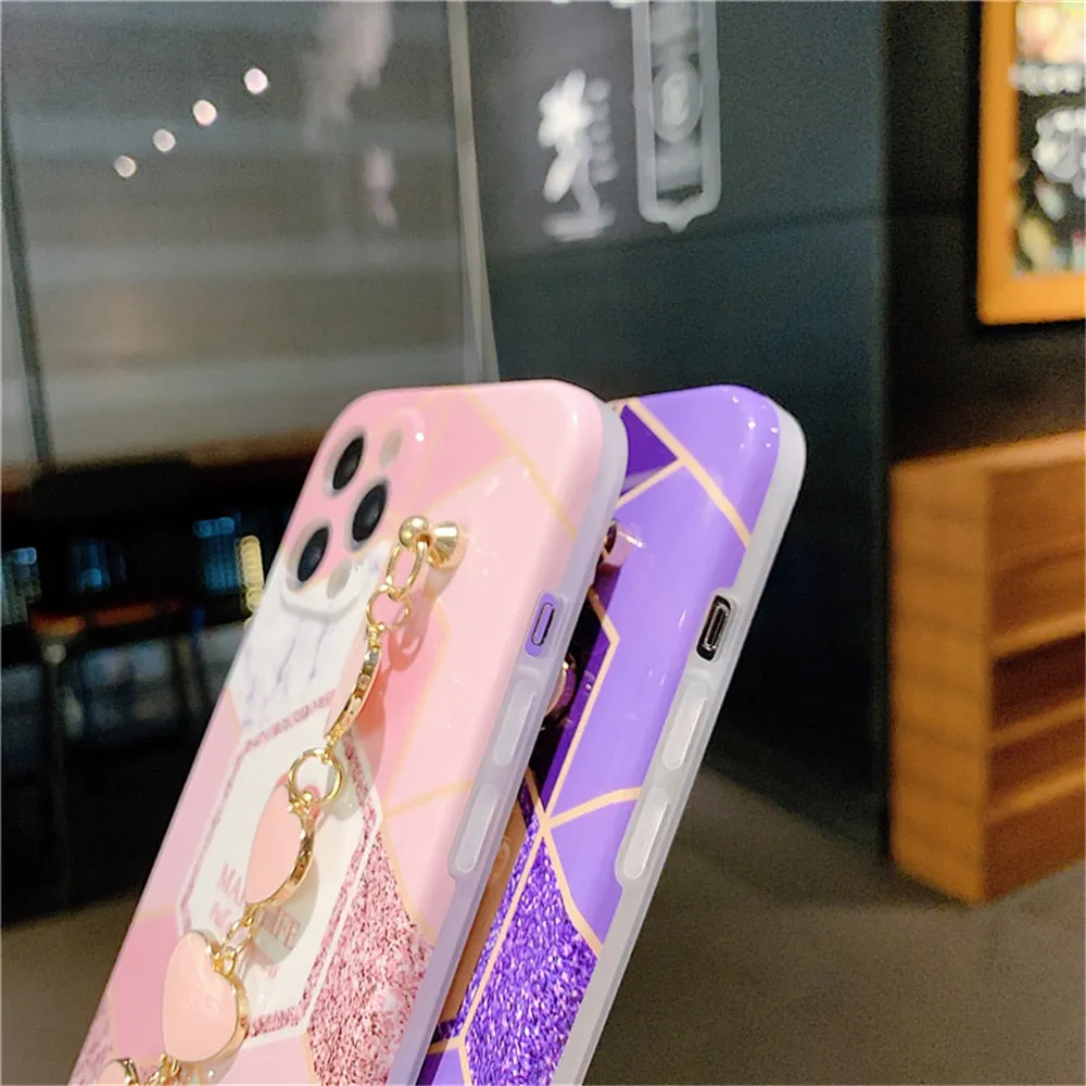 Anymob iPhone Case Dark Purple Soft Silicone Geometric Marble Back Cover With Love Heart Bracelet