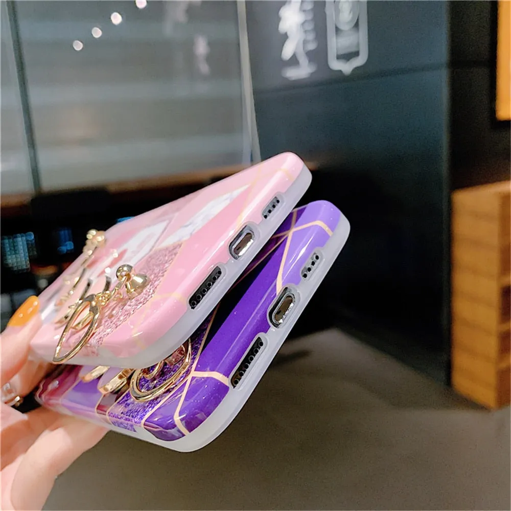 Anymob iPhone Case Dark Purple Soft Silicone Geometric Marble Back Cover With Love Heart Bracelet