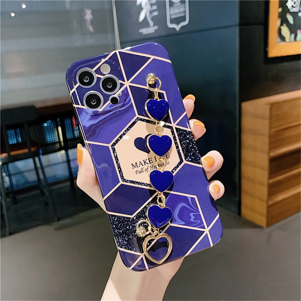 Anymob iPhone Case Dark Purple Soft Silicone Geometric Marble Back Cover With Love Heart Bracelet