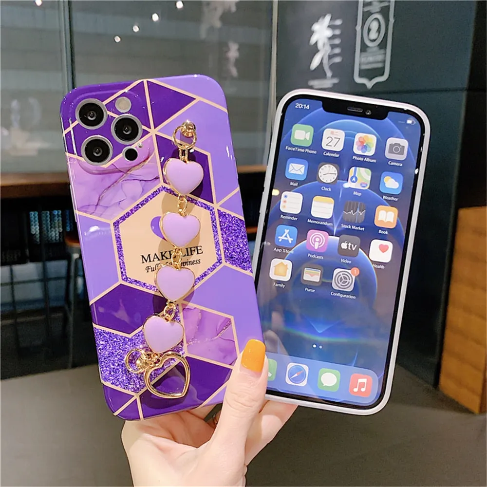 Anymob iPhone Case Dark Purple Soft Silicone Geometric Marble Back Cover With Love Heart Bracelet