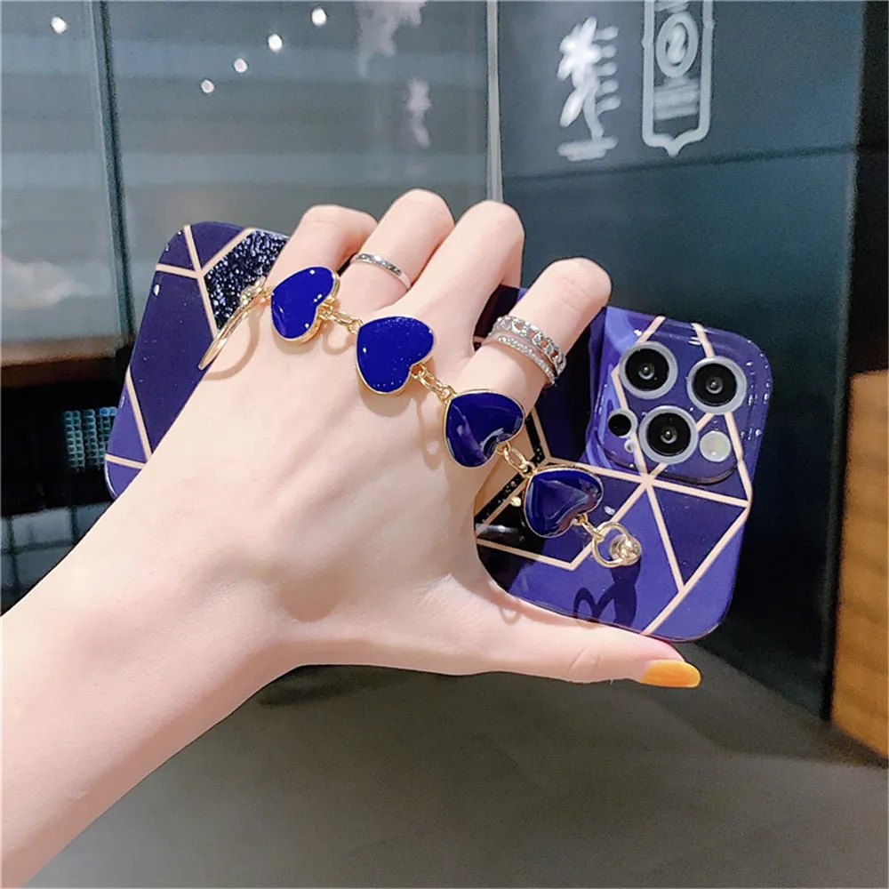 Anymob iPhone Case Dark Purple Soft Silicone Geometric Marble Back Cover With Love Heart Bracelet