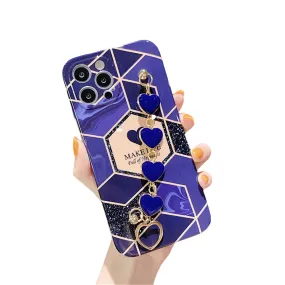 Anymob iPhone Case Dark Purple Soft Silicone Geometric Marble Back Cover With Love Heart Bracelet