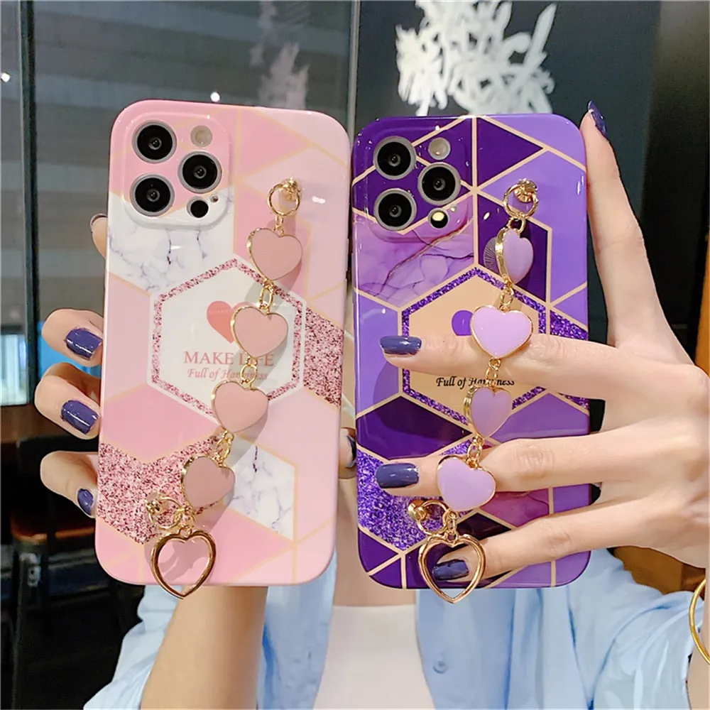 Anymob iPhone Case Dark Purple Soft Silicone Geometric Marble Back Cover With Love Heart Bracelet