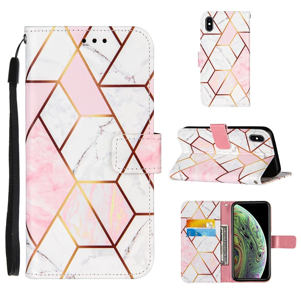 Anymob iPhone Case Pink Marble Leather Magnetic Flip Wallet Cover