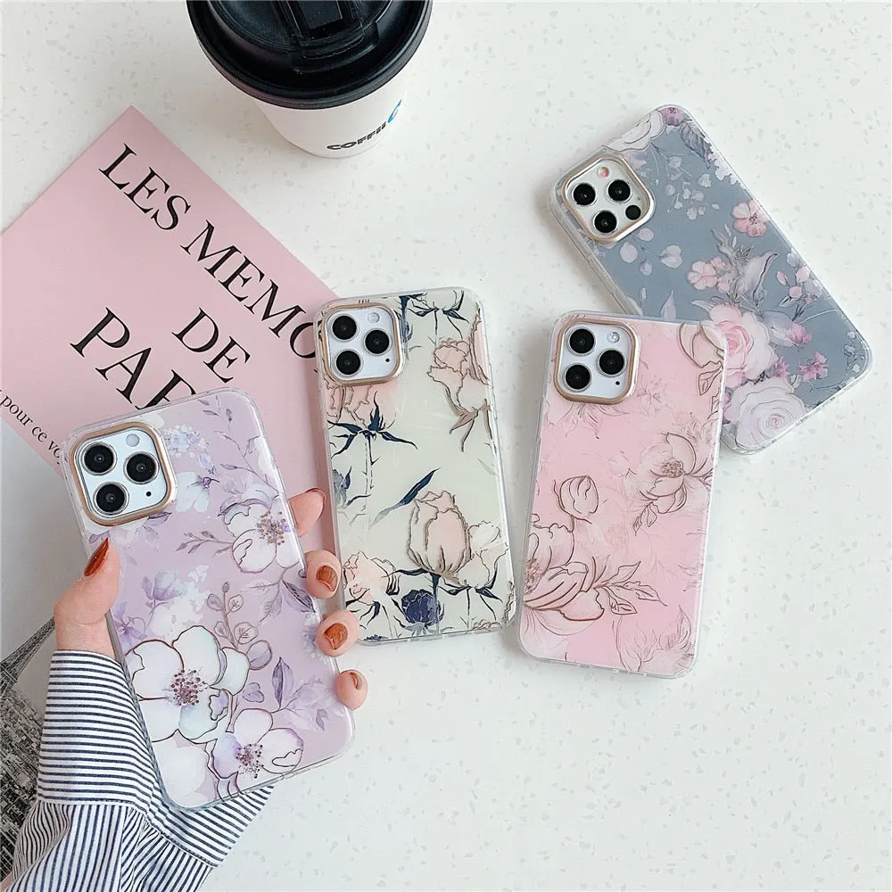 Anymob iPhone Gray Vintage Flower Phone Case Soft Silicone Shockproof Back Cover
