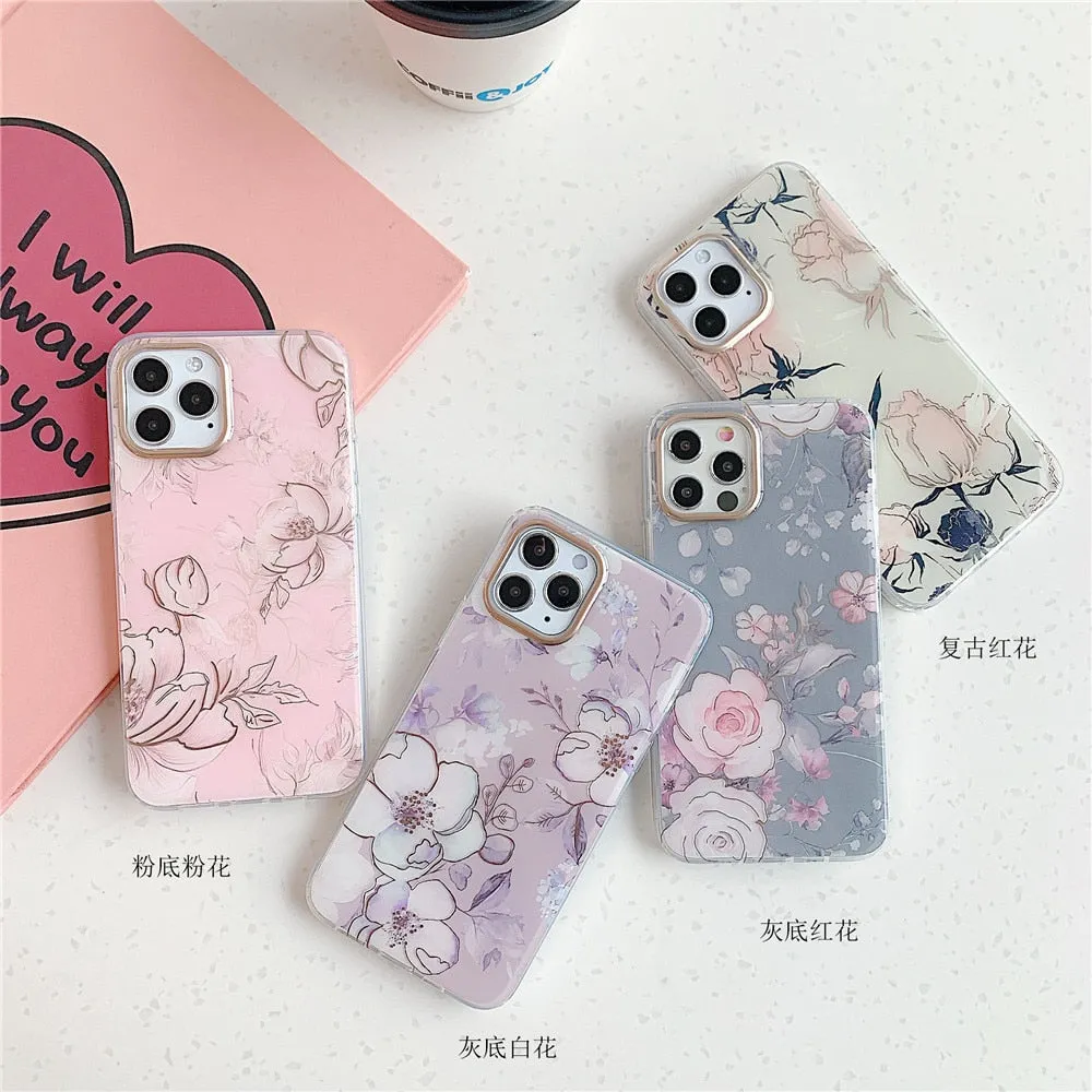 Anymob iPhone Gray Vintage Flower Phone Case Soft Silicone Shockproof Back Cover