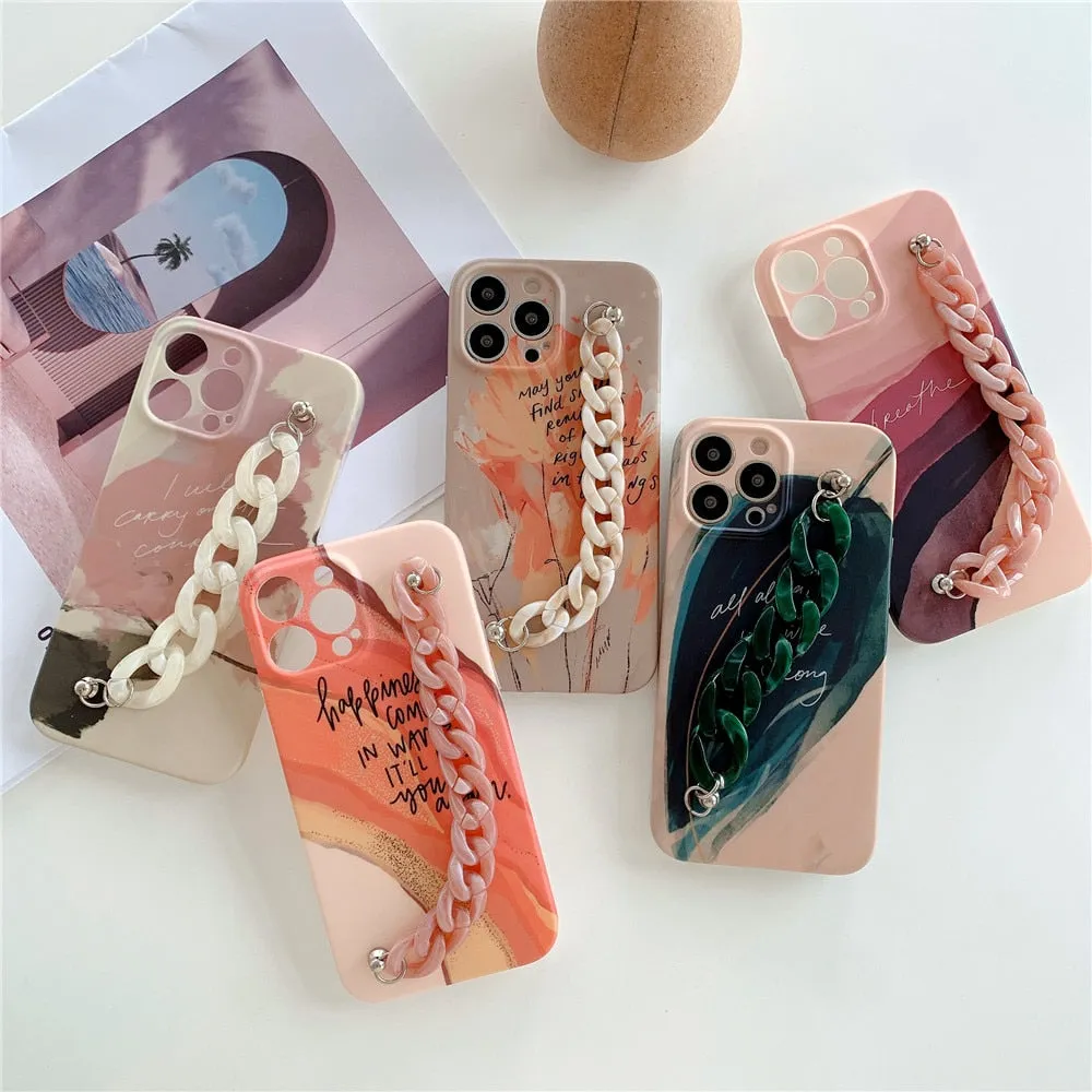 Anymob iPhone Green Leaf Art Painting Marble Bracelet Phone Case Shockproof Soft Silicone Cover