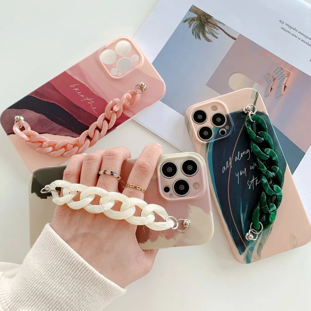 Anymob iPhone Green Leaf Art Painting Marble Bracelet Phone Case Shockproof Soft Silicone Cover