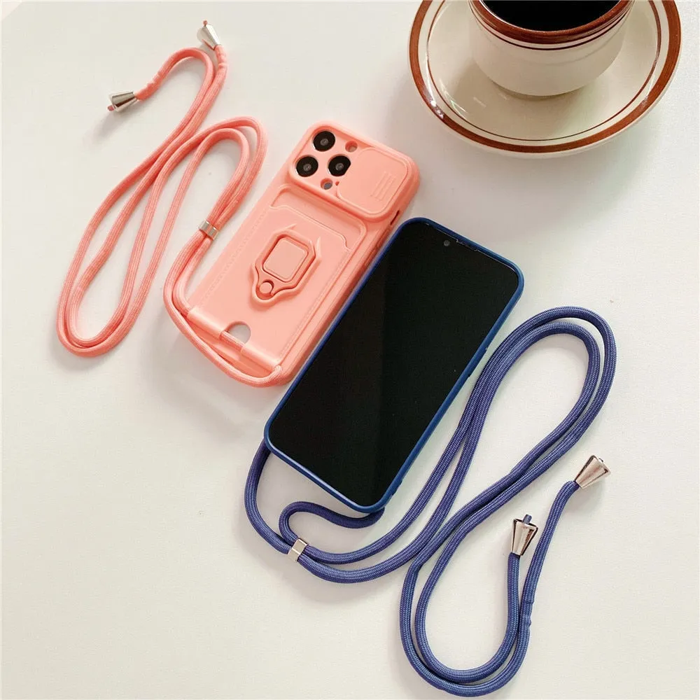 Anymob iPhone Green Magnetic Card Holder Lanyard Cord Phone Case Lens Protection Back Cover