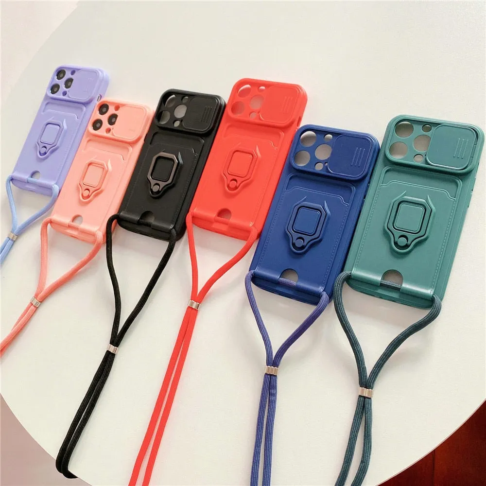 Anymob iPhone Green Magnetic Card Holder Lanyard Cord Phone Case Lens Protection Back Cover