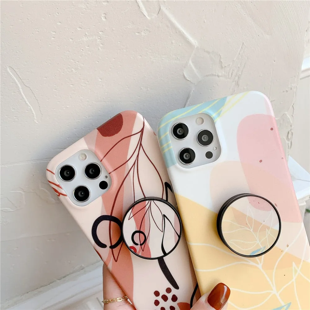 Anymob iPhone Pink Pattern Ring Stand Phone Case Soft Silicone Back Cover