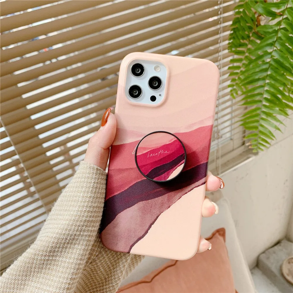 Anymob iPhone Pink Pattern Ring Stand Phone Case Soft Silicone Back Cover