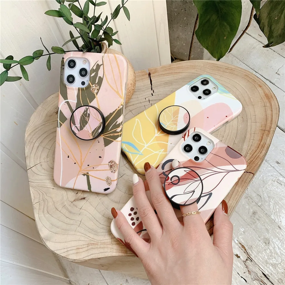 Anymob iPhone Pink Pattern Ring Stand Phone Case Soft Silicone Back Cover