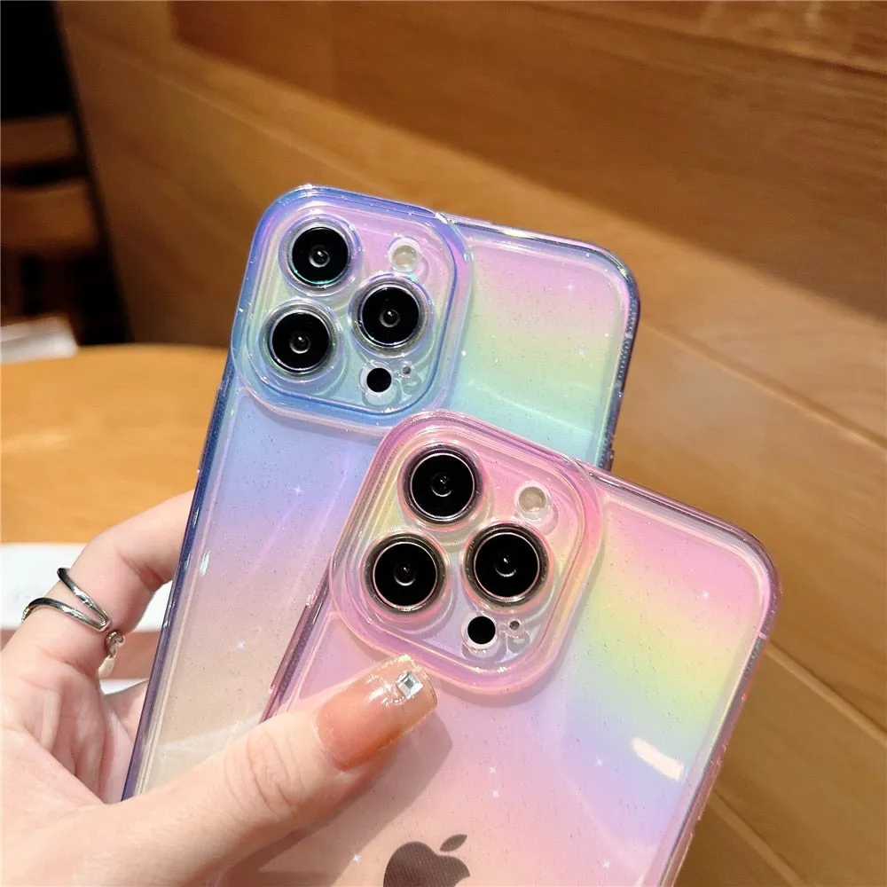 Anymob iPhone Pink Rainbow Gradient Phone Case Transparent Glitter Silicon Shockproof Cover