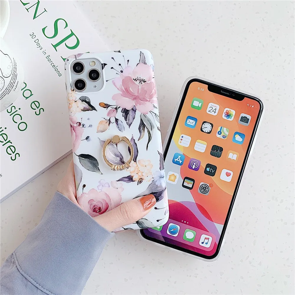Anymob iPhone White Rose Pattern Holder Case Flower Silicone Phone Cover