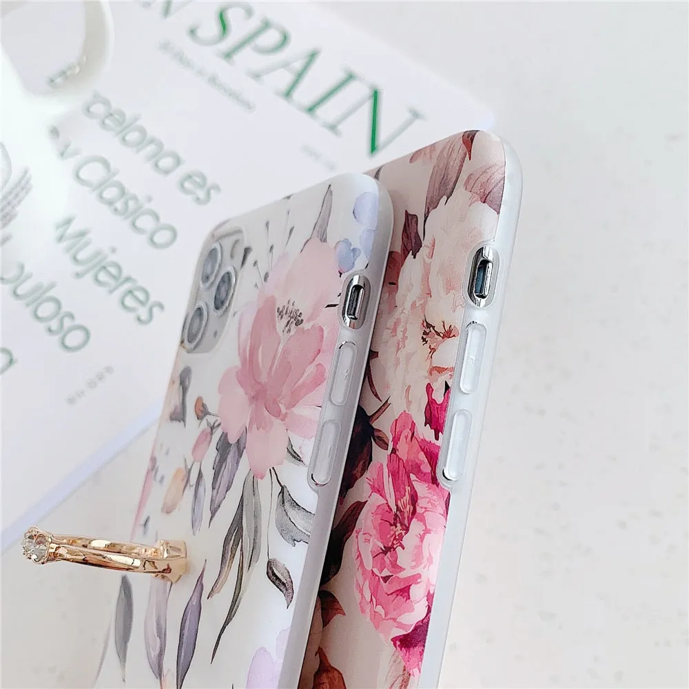 Anymob iPhone White Rose Pattern Holder Case Flower Silicone Phone Cover