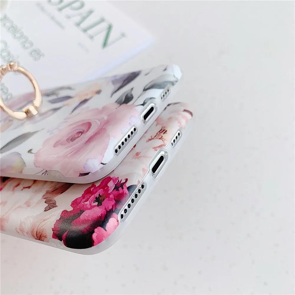 Anymob iPhone White Rose Pattern Holder Case Flower Silicone Phone Cover