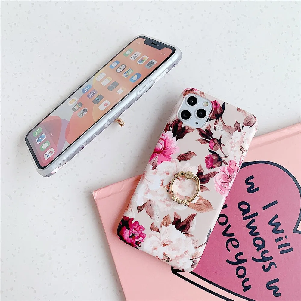 Anymob iPhone White Rose Pattern Holder Case Flower Silicone Phone Cover