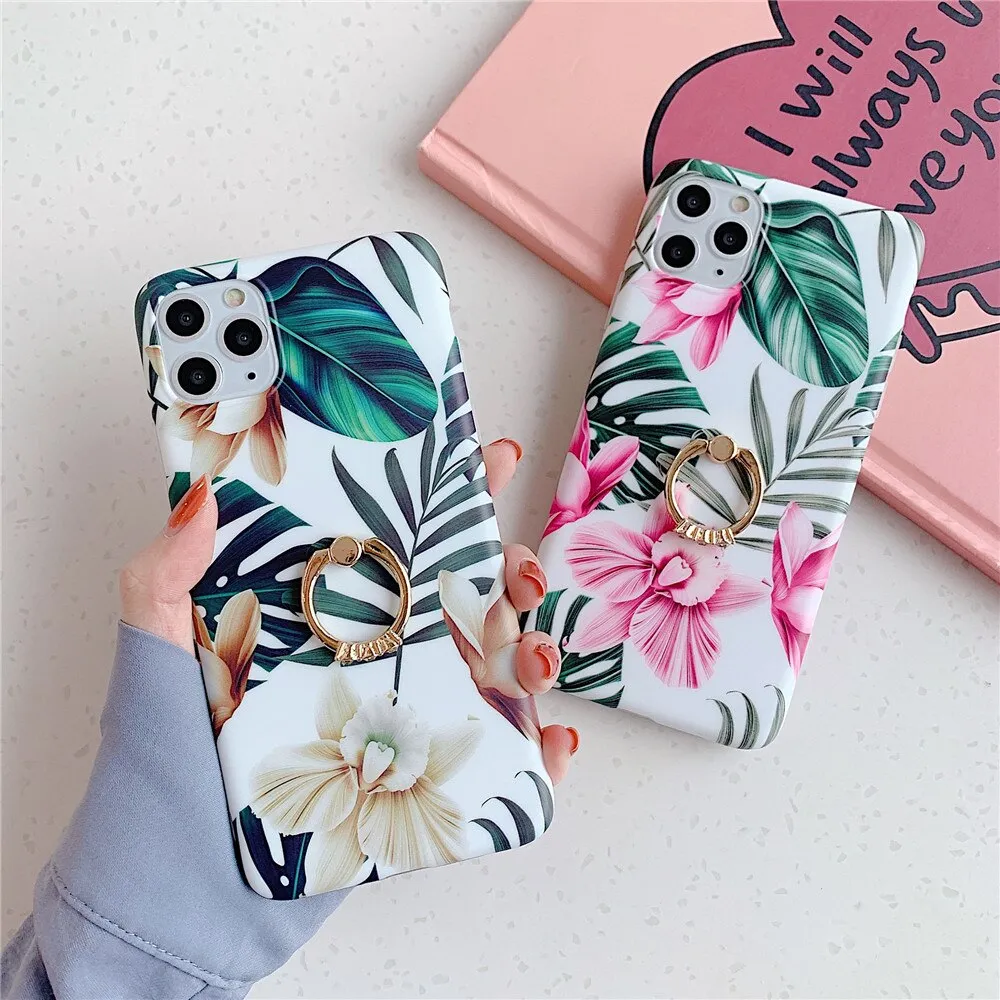 Anymob iPhone White Rose Pattern Holder Case Flower Silicone Phone Cover