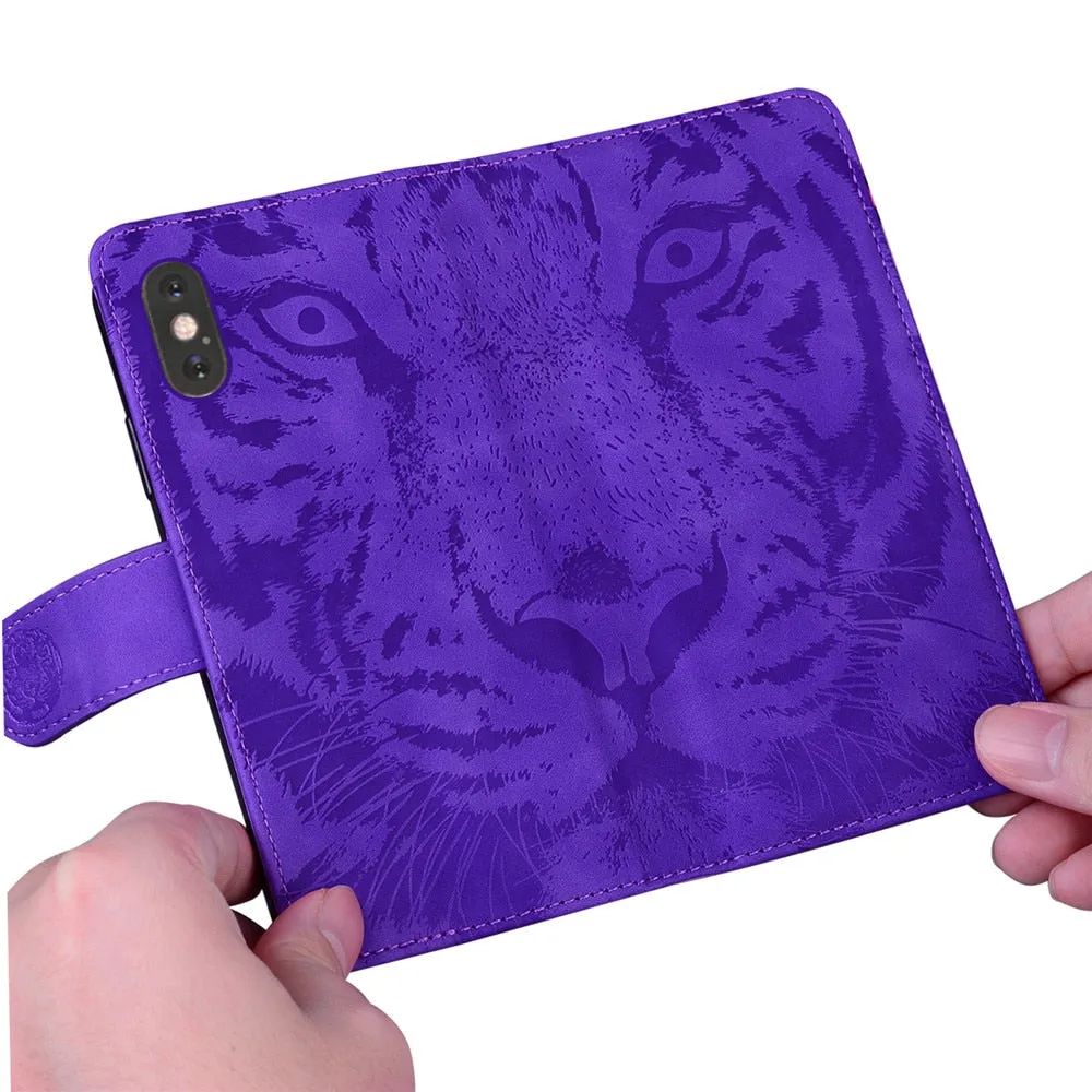 Anymob Samsung Case Black 3D Tiger Embossing Magnetic Flip Leather Card Slot Wallet Book Style Cover