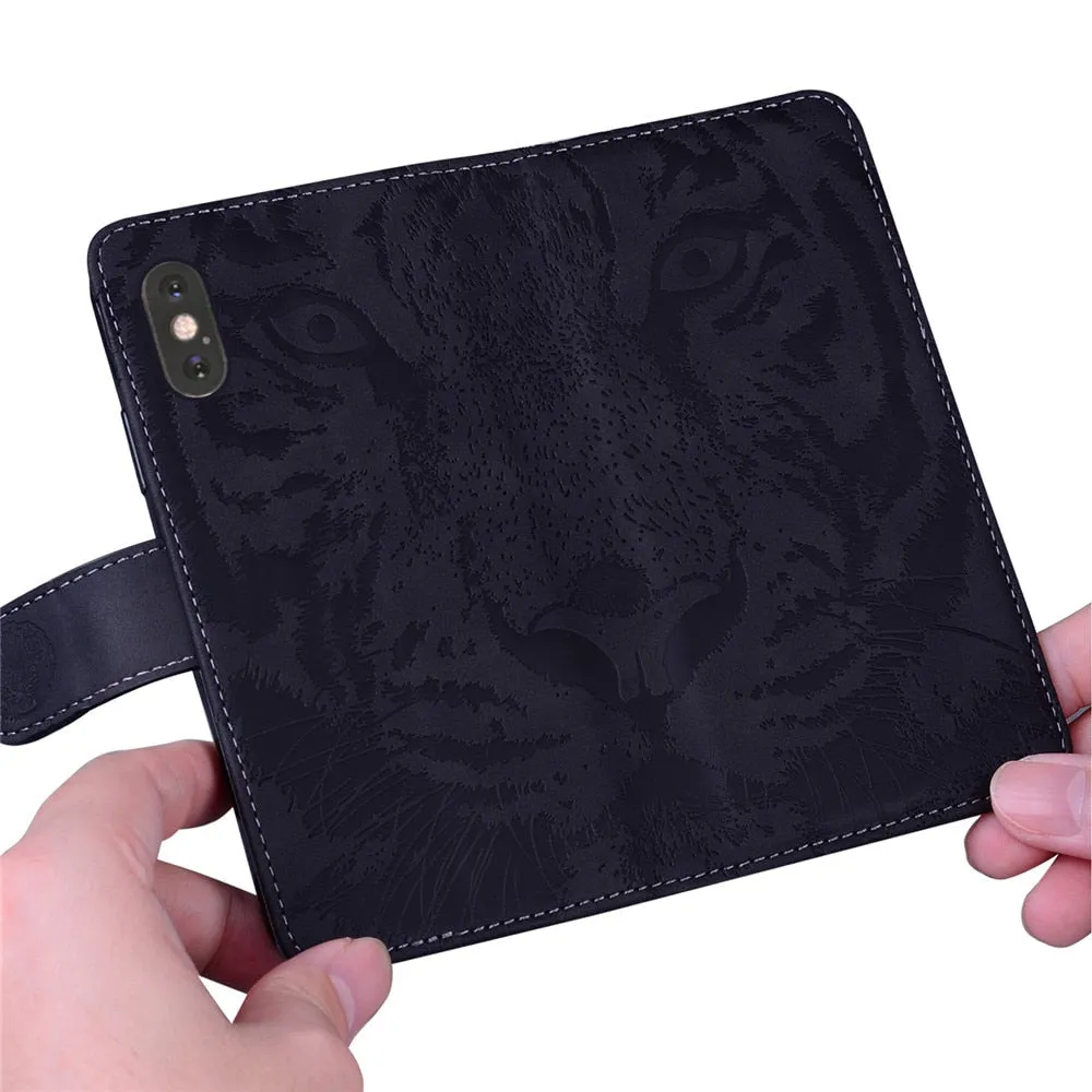 Anymob Samsung Case Black 3D Tiger Embossing Magnetic Flip Leather Card Slot Wallet Book Style Cover