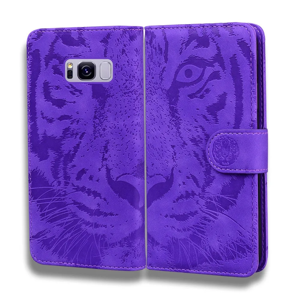 Anymob Samsung Case Black 3D Tiger Embossing Magnetic Flip Leather Card Slot Wallet Book Style Cover