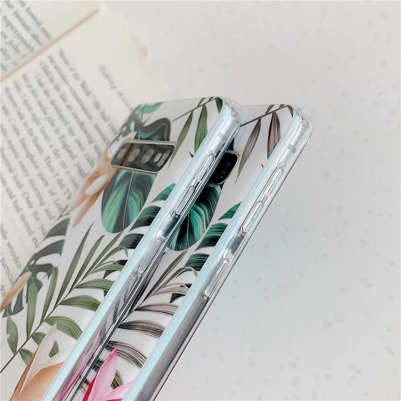 Anymob Samsung Case Green and Pink Floral Design Art Leaf Flower Silicon Without Holder Stand Phone Cover
