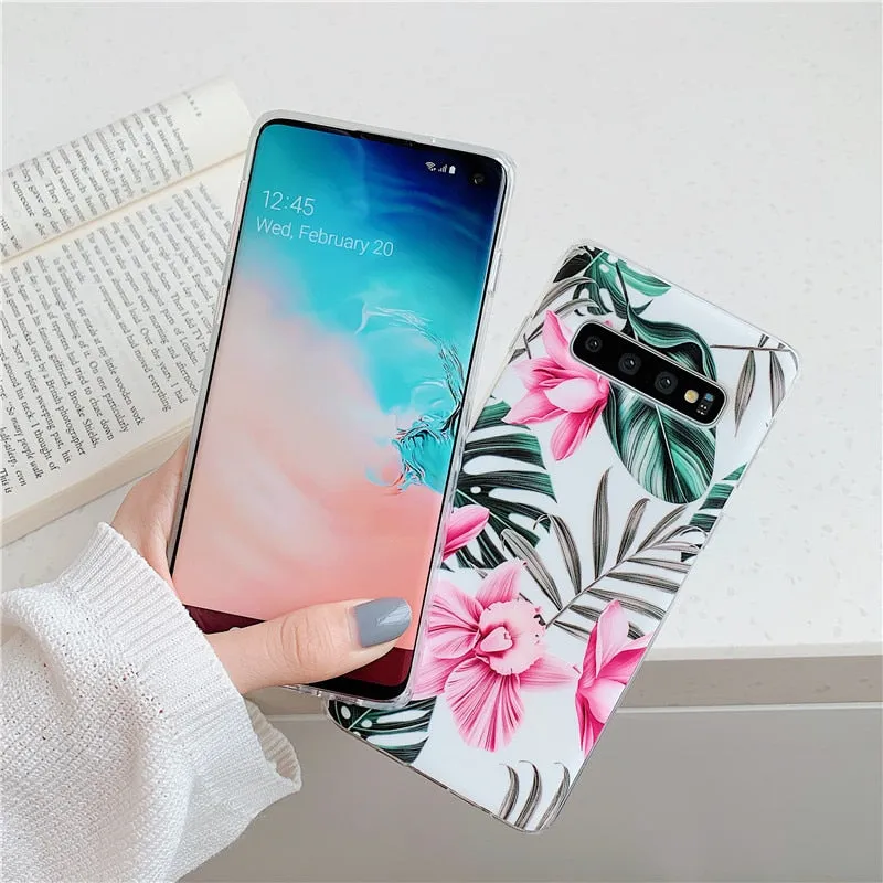 Anymob Samsung Case Green and Pink Floral Design Art Leaf Flower Silicon Without Holder Stand Phone Cover