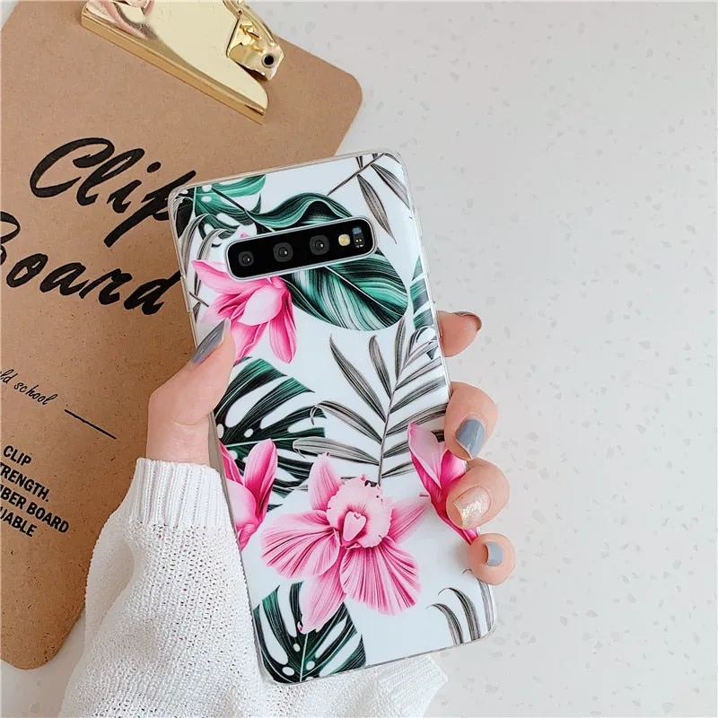 Anymob Samsung Case Green and Pink Floral Design Art Leaf Flower Silicon Without Holder Stand Phone Cover