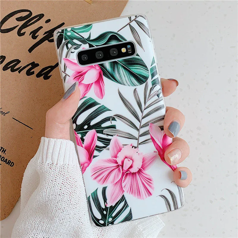Anymob Samsung Case Green and Pink Floral Design Art Leaf Flower Silicon Without Holder Stand Phone Cover