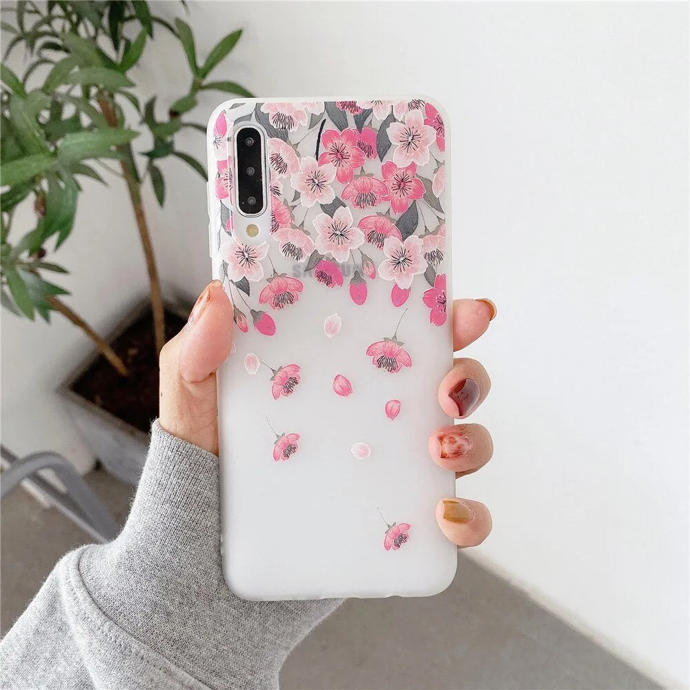 Anymob Samsung Case Pink Cherry Blossom Vintage Relief Flower Phone Matte Soft Silicone Back Cover