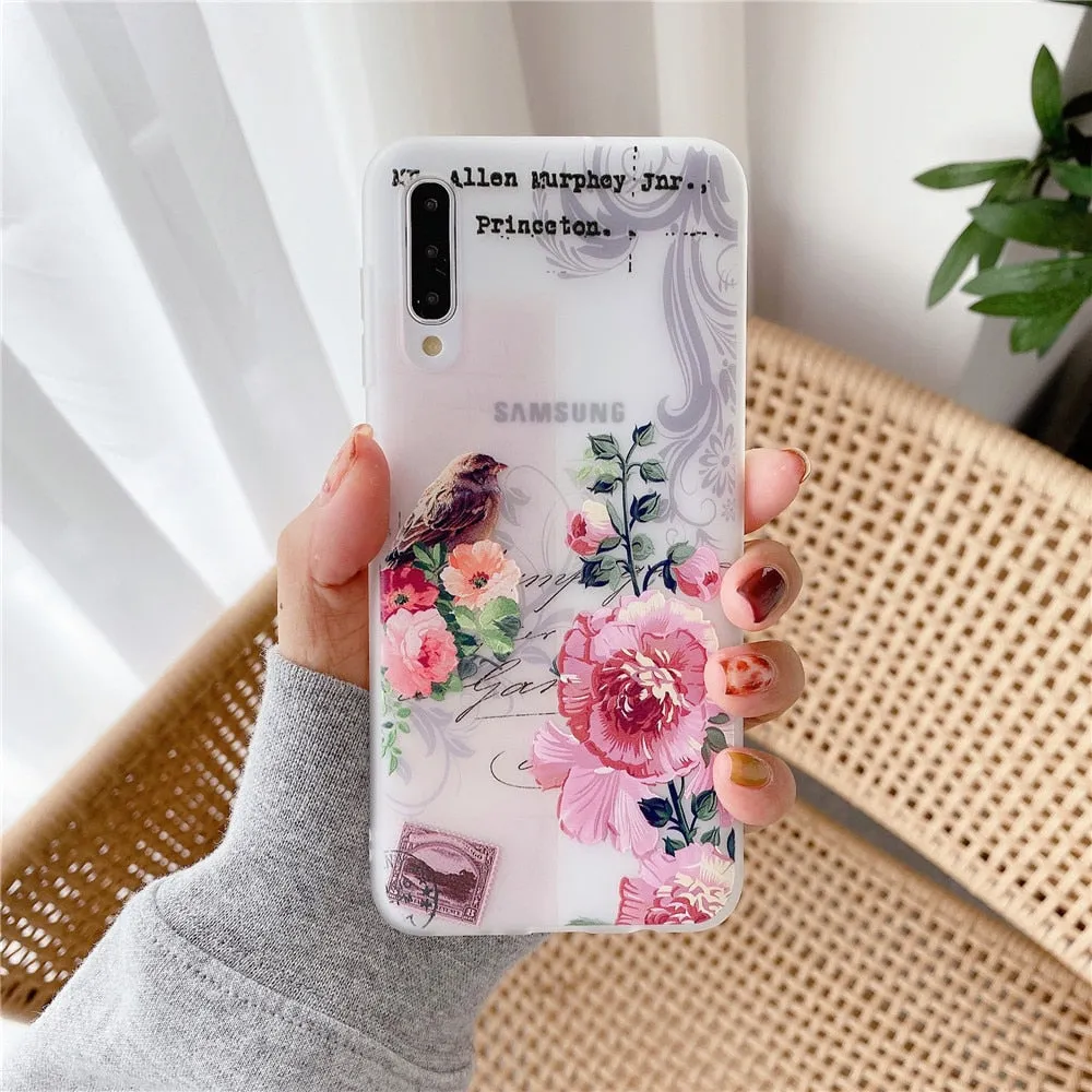 Anymob Samsung Case Pink Cherry Blossom Vintage Relief Flower Phone Matte Soft Silicone Back Cover