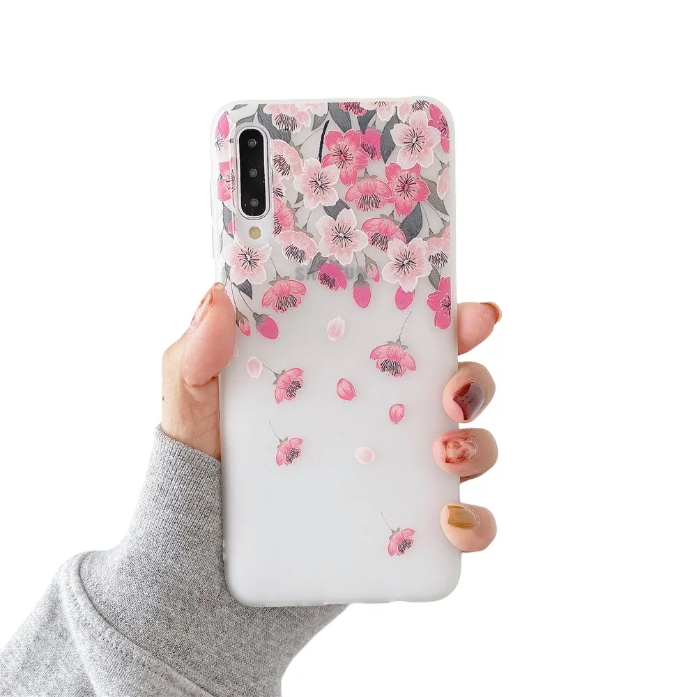 Anymob Samsung Case Pink Cherry Blossom Vintage Relief Flower Phone Matte Soft Silicone Back Cover