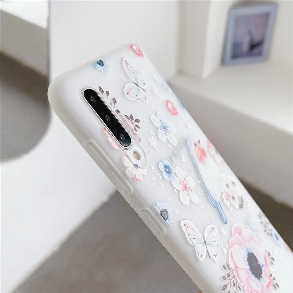 Anymob Samsung Case White and Peach Flower Vintage Relief Flower Phone Matte Soft Silicone Back Cover