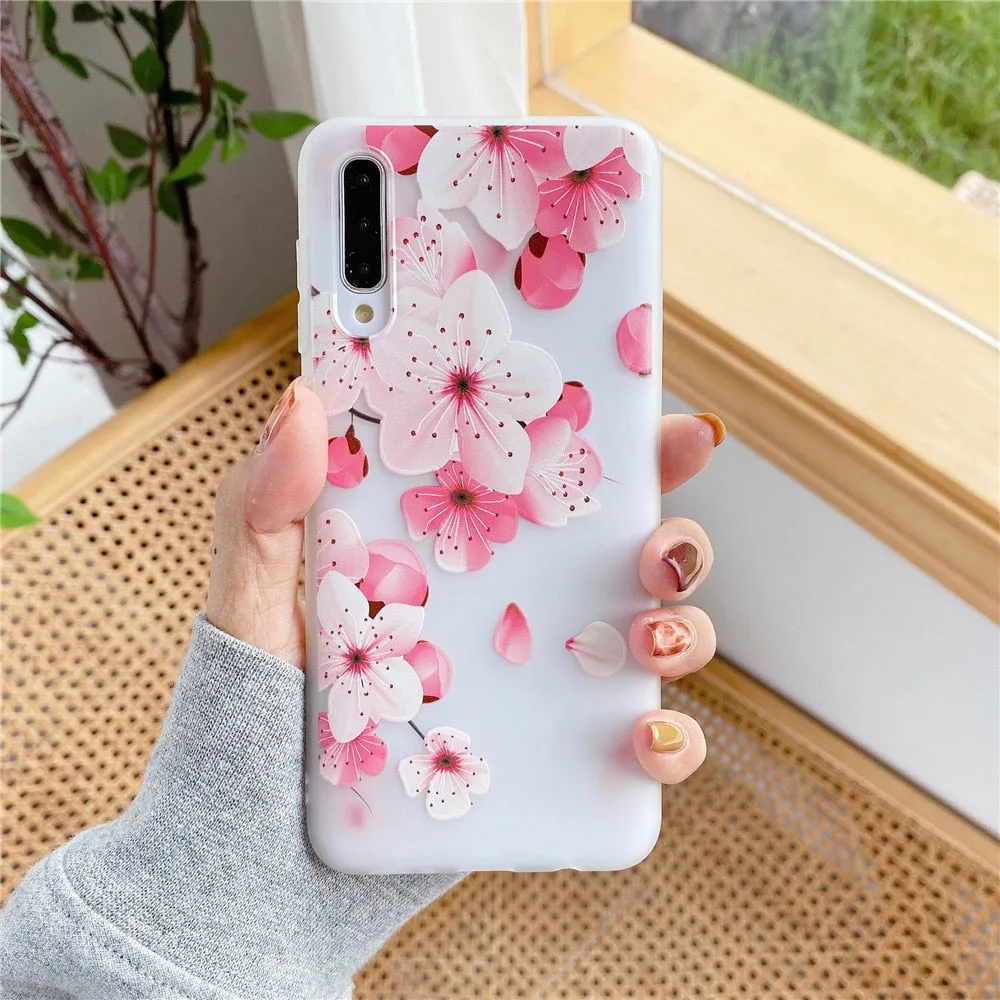 Anymob Samsung Case White and Peach Flower Vintage Relief Flower Phone Matte Soft Silicone Back Cover