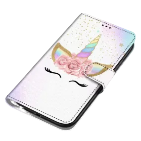 Anymob Samsung Case White Smily Unicorn Painted Magnetic Flip Leather Card slot Wallet Book Style Cover