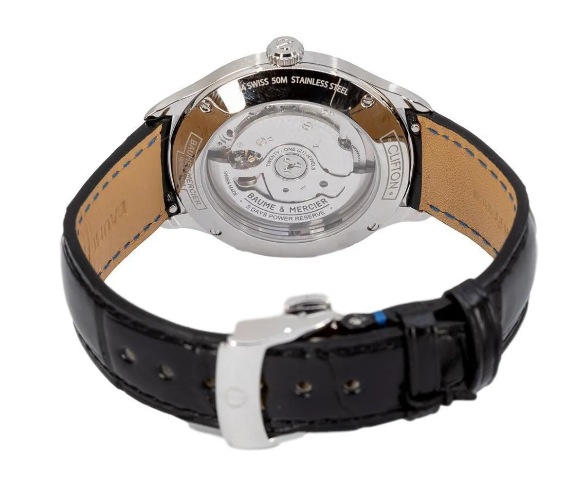 Baume & Mercier Clifton Baumatic COSC Automatic Blue Dial Steel Black Leather Mens Watch M0A10467