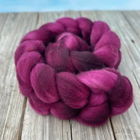 Burgundy Wine Targhee Wool Combed Top, hand dyed luxury spinning fiber, non super wash wool